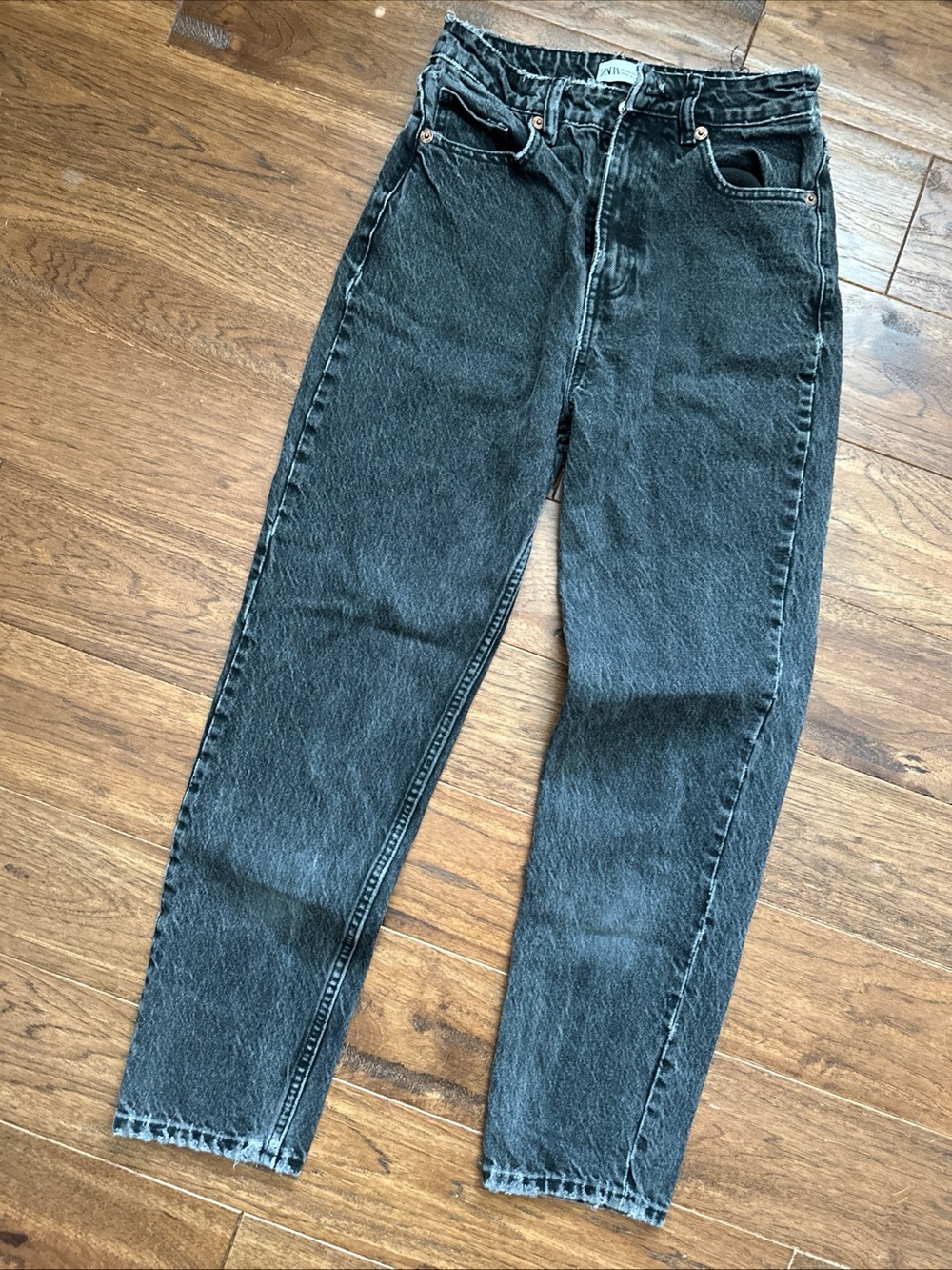 Zara Black Stonewashed Jeans Distressed Straight Leg Vintage Rocker Denim